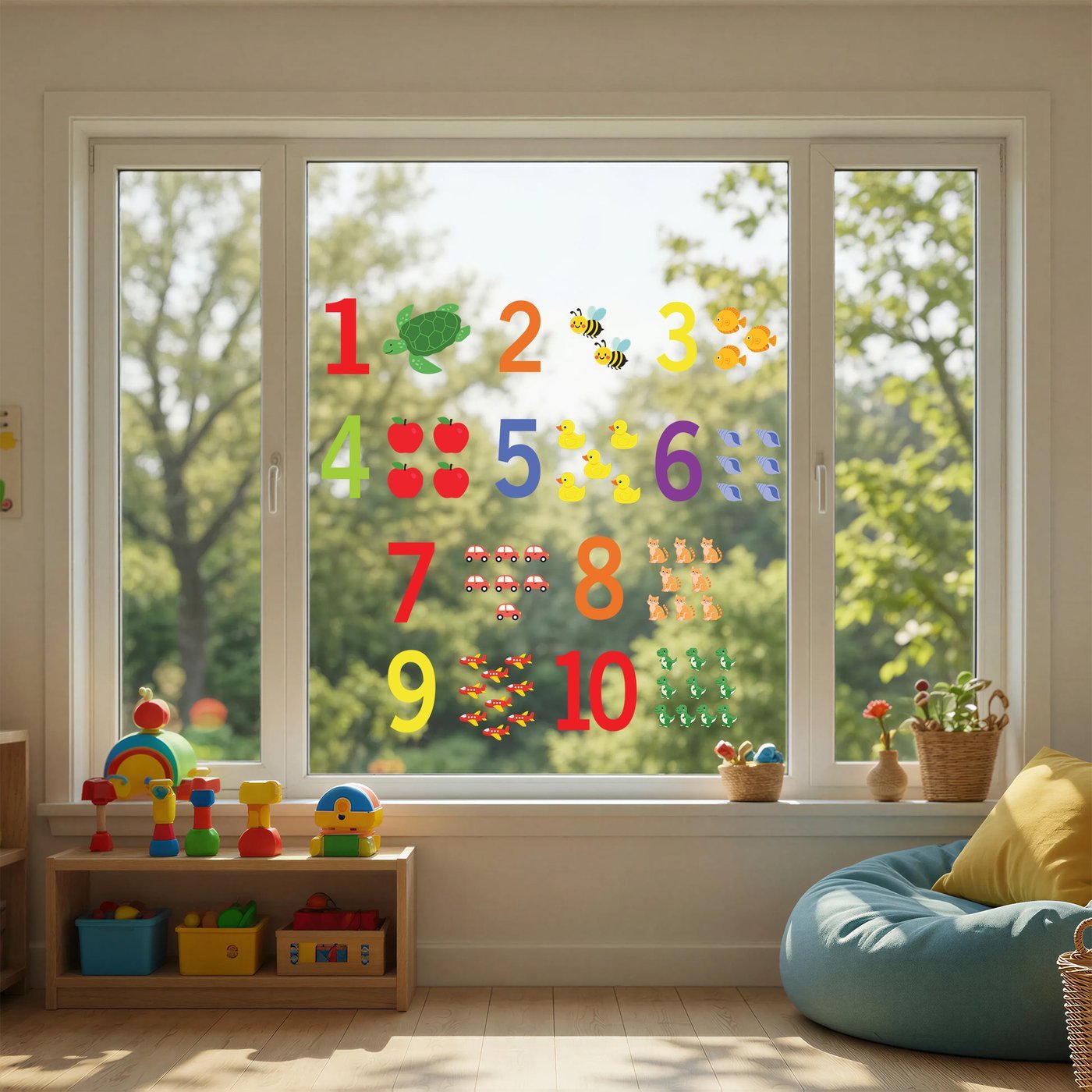 123s counting window clings — rainbow numbers 1 to 12 with matching picture groups arranged on a playroom window