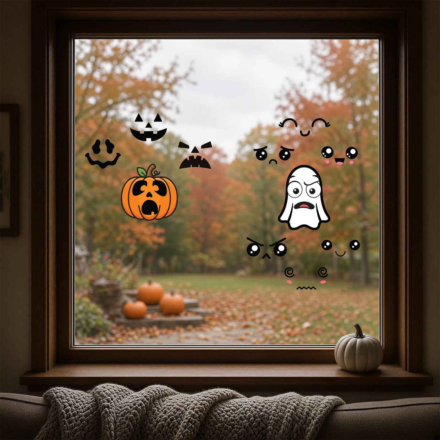 Build a Face pumpkin and ghost window clings — a big orange pumpkin and a white ghost with swappable cartoon faces on a front window