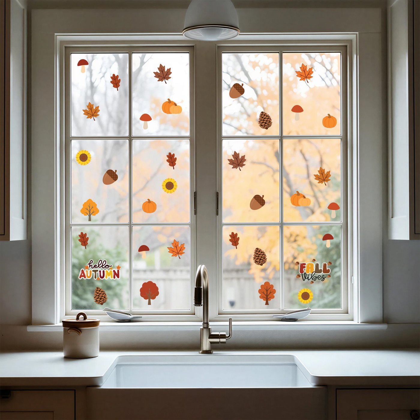 Fall autumn window cling stickers — maple leaves, pumpkins and acorns arranged on a kitchen window, backlit