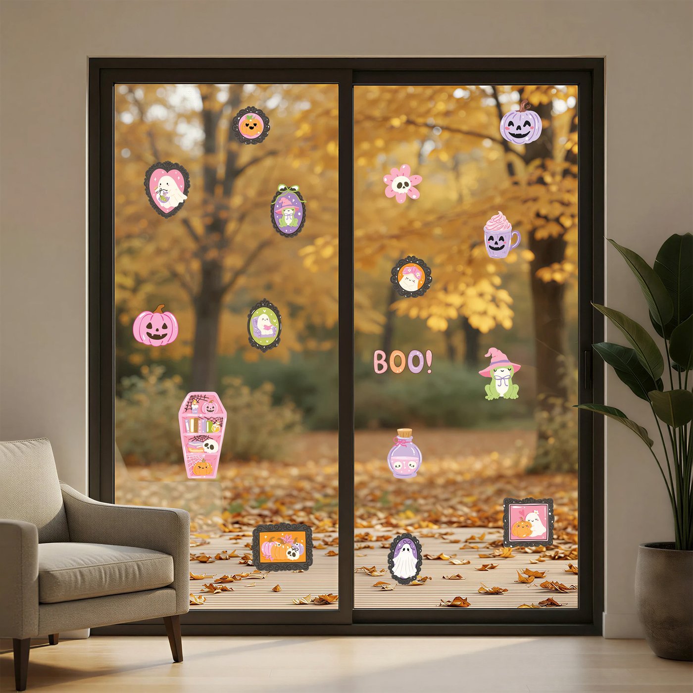 Pastel Halloween window clings — cute ghosts, pink jack-o-lanterns and gothic frames arranged on a kitchen window, backlit