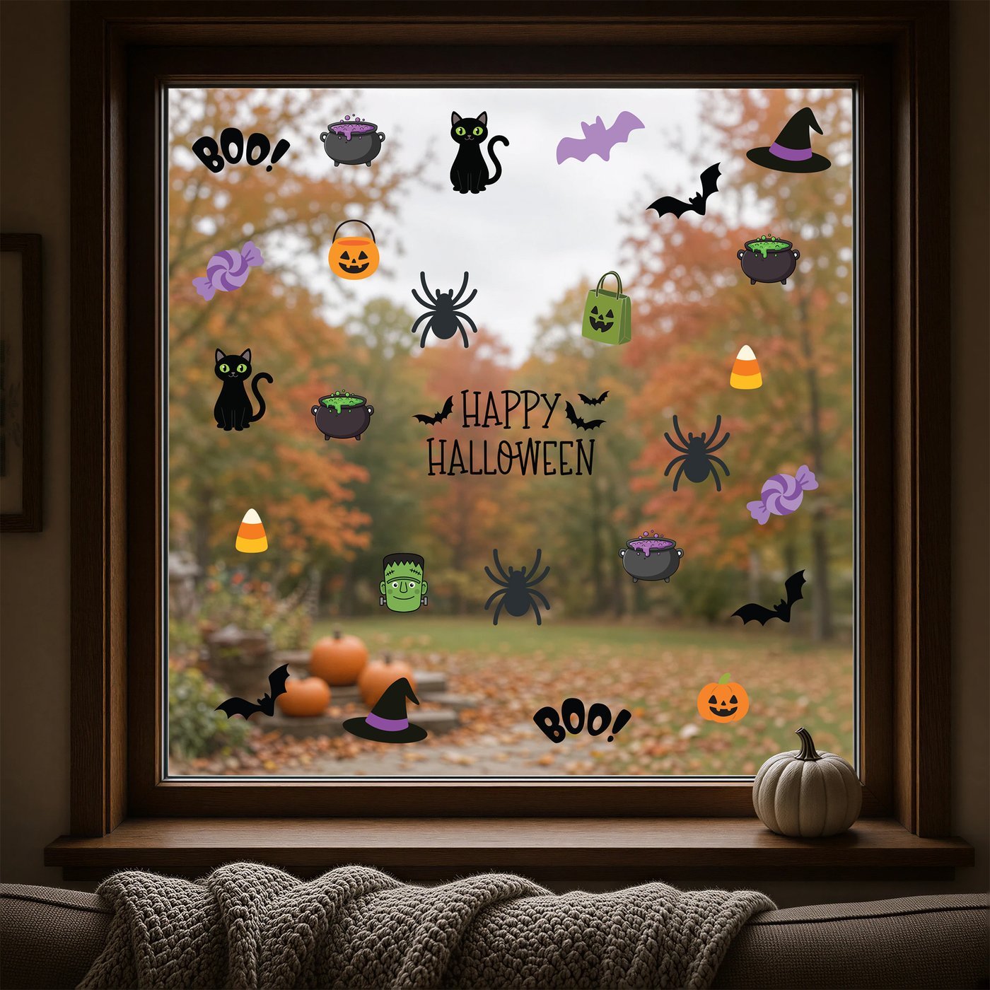 Happy Halloween window clings — black cats, bats, pumpkins, spiderwebs and a HAPPY HALLOWEEN banner arranged on a front picture window