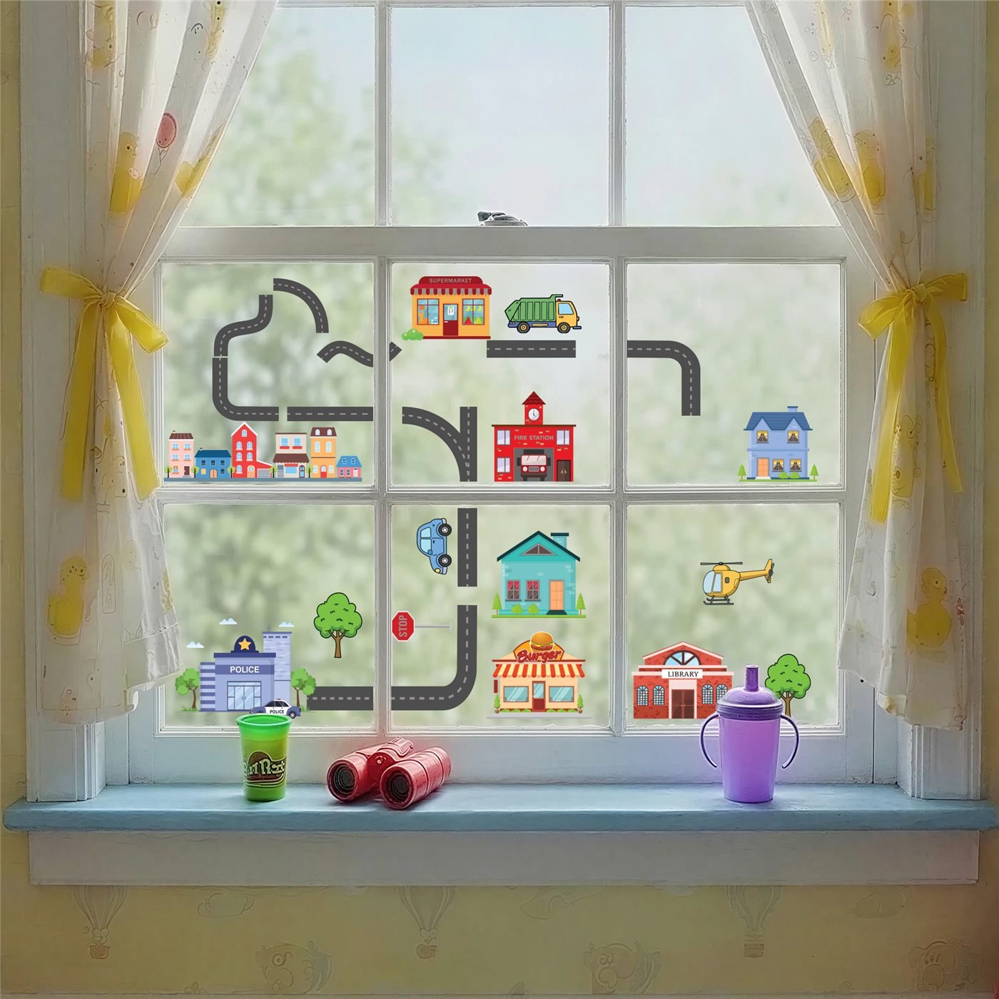 Road and town window cling set — roads, vehicles and buildings arranged on a kids room window