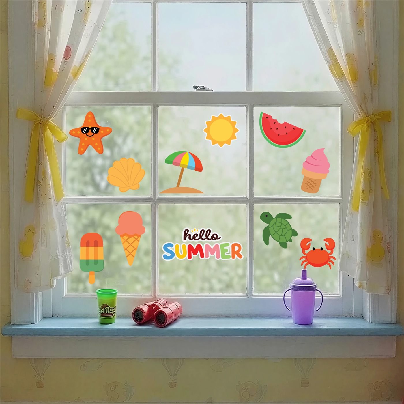 Summer beach window cling pack — starfish, watermelon, sea turtle and Hello Summer banner on a kids window