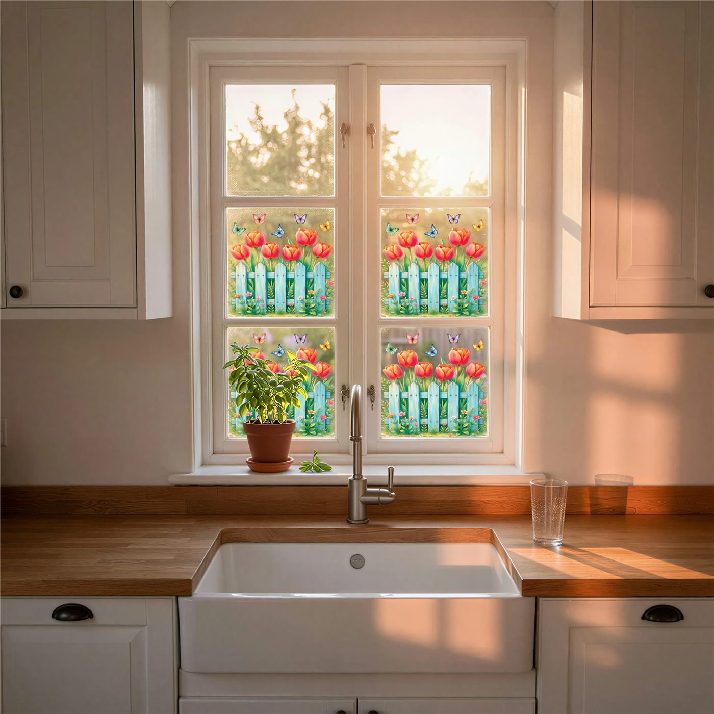 Tulip garden picket fence window clings across the bottom of a sunny kitchen window