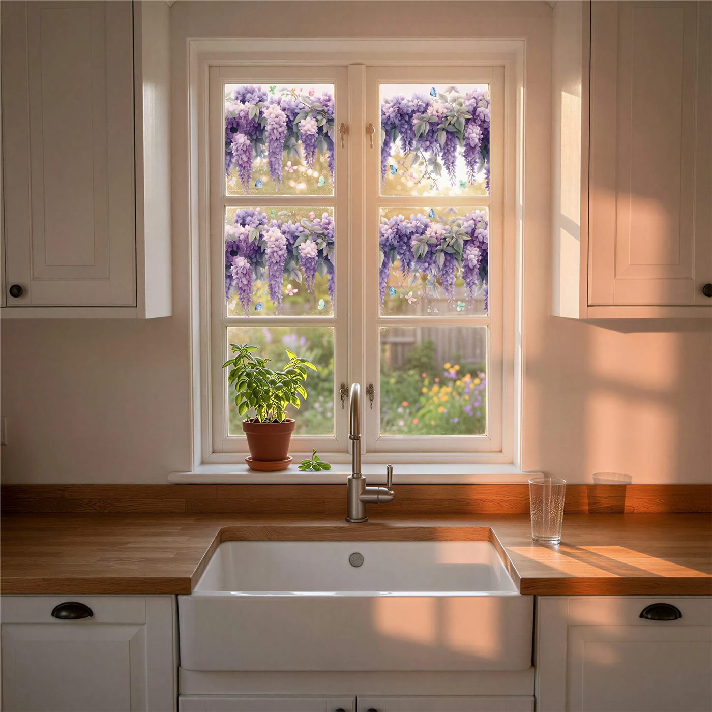 Hanging wisteria window clings cascading from the top of a kitchen window