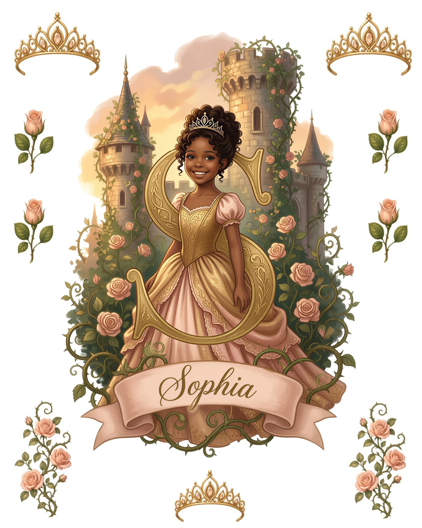 Personalized princess wall decal set with a rose-covered castle, her name banner and gold monogram