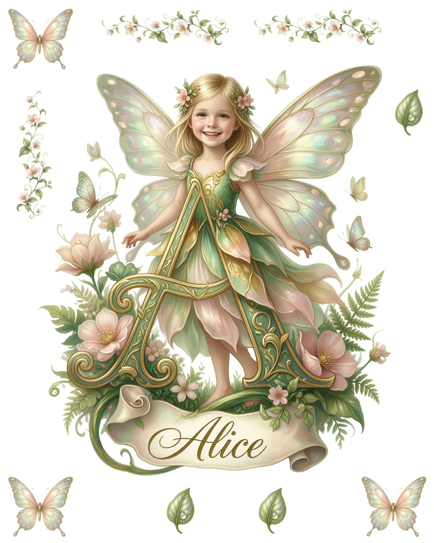 Personalized fairy wall decal set with iridescent butterfly wings, garden blossoms, her name banner and monogram