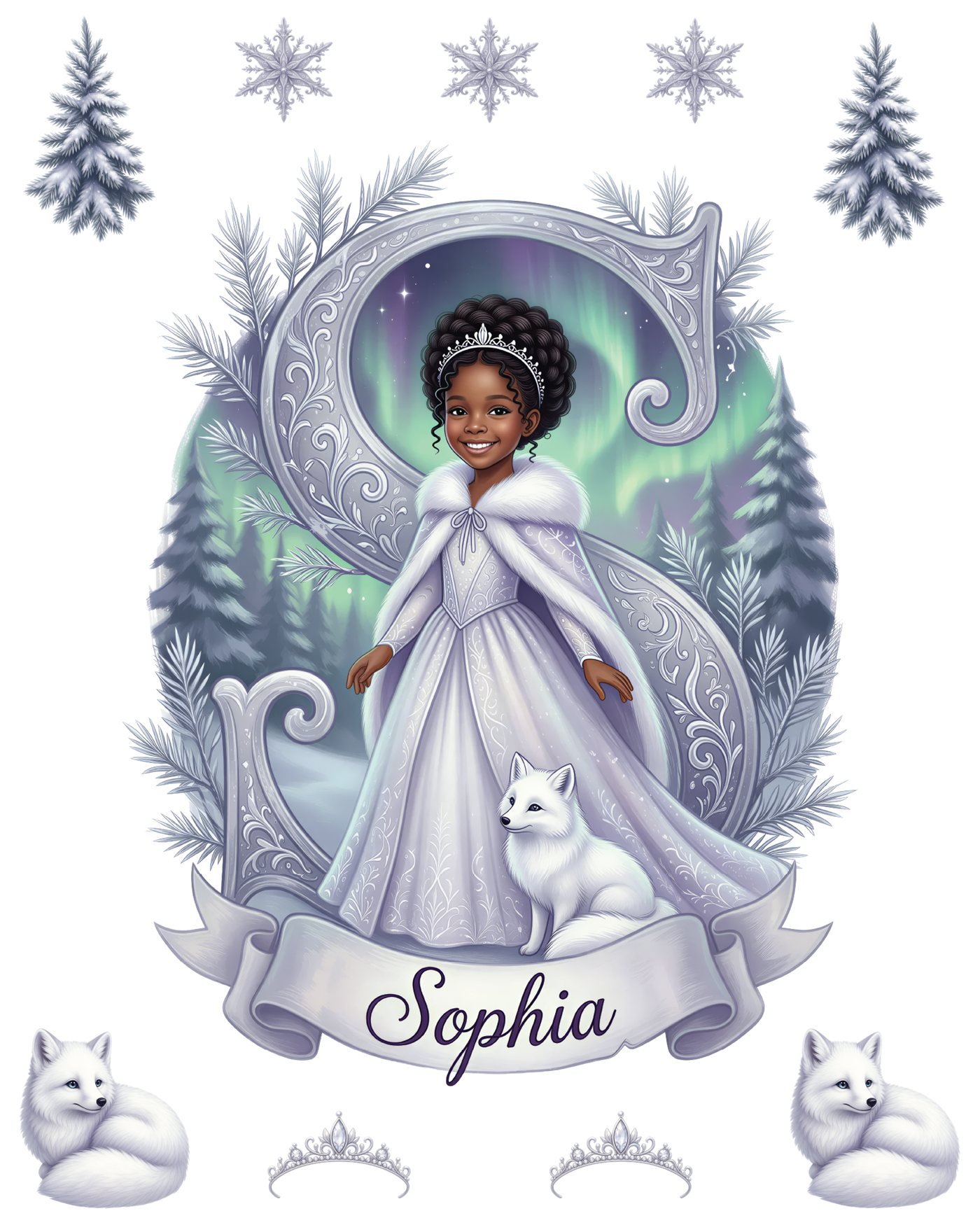 Personalized princess wall decal set with a snowy northern-lights forest, arctic fox, her name banner and monogram