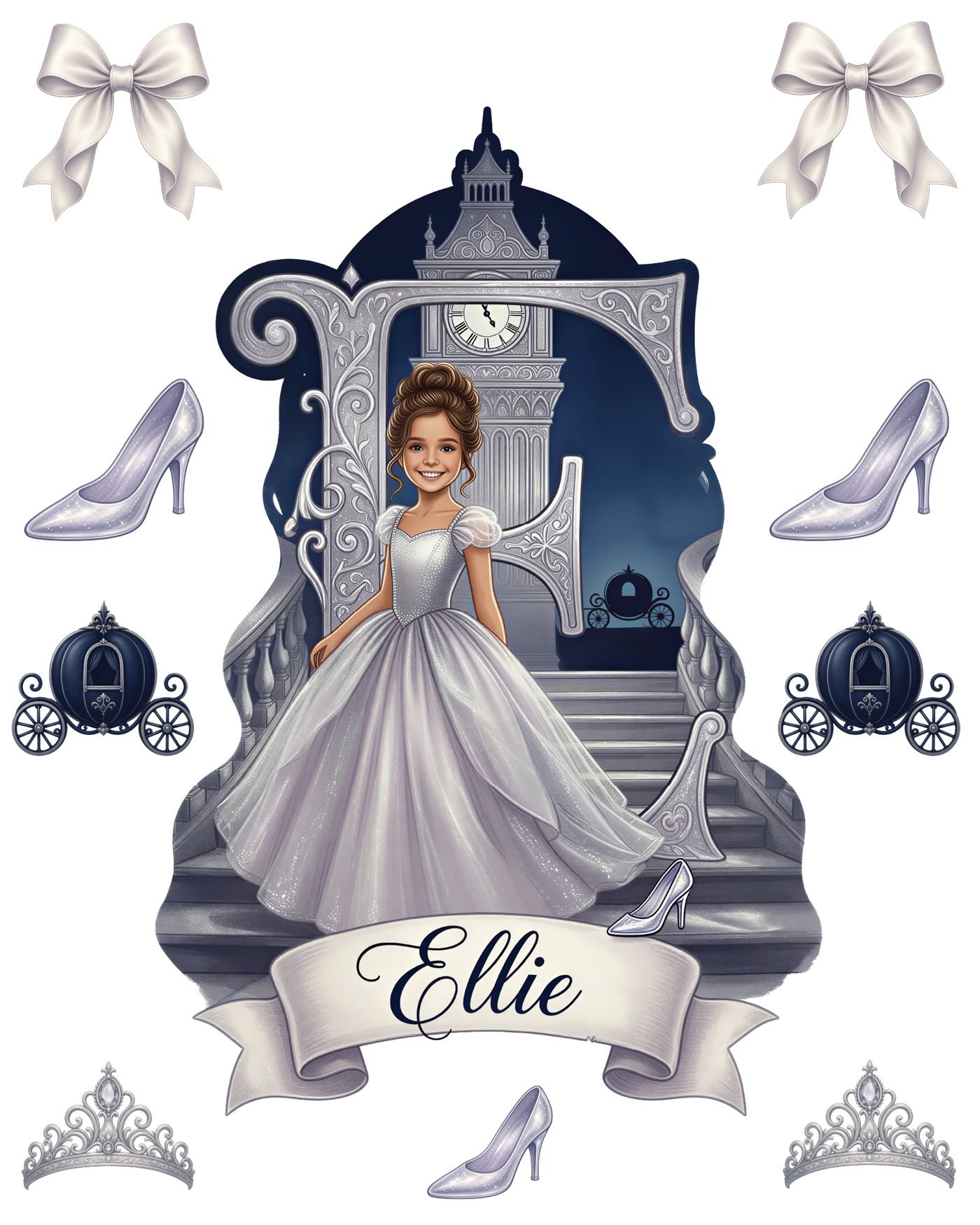 Personalized princess wall decal set with a midnight palace staircase, glass slipper, her name banner and monogram