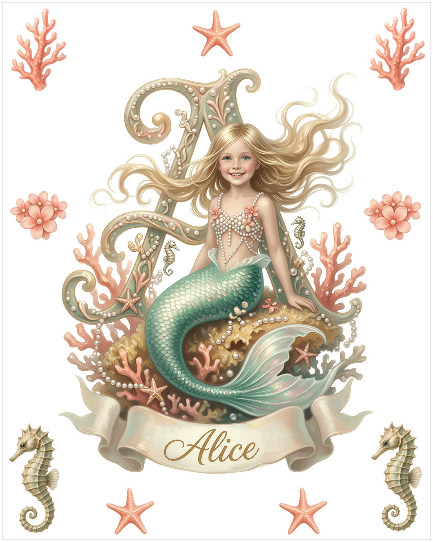 Personalized mermaid wall decal set with a sunlit coral reef, seahorses, her name banner and monogram
