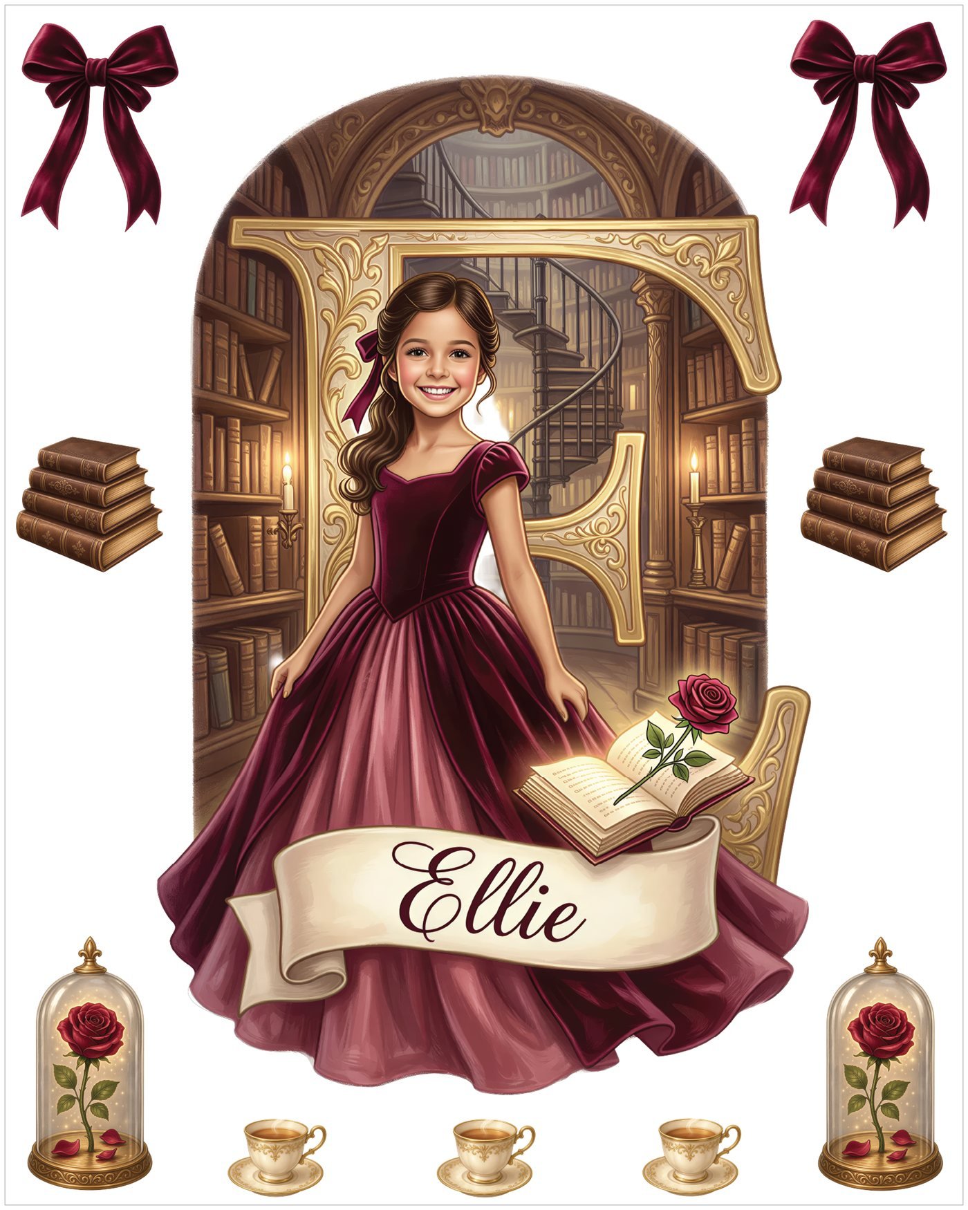 Personalized princess wall decal set with an enchanted library, storybook, roses, her name banner and monogram