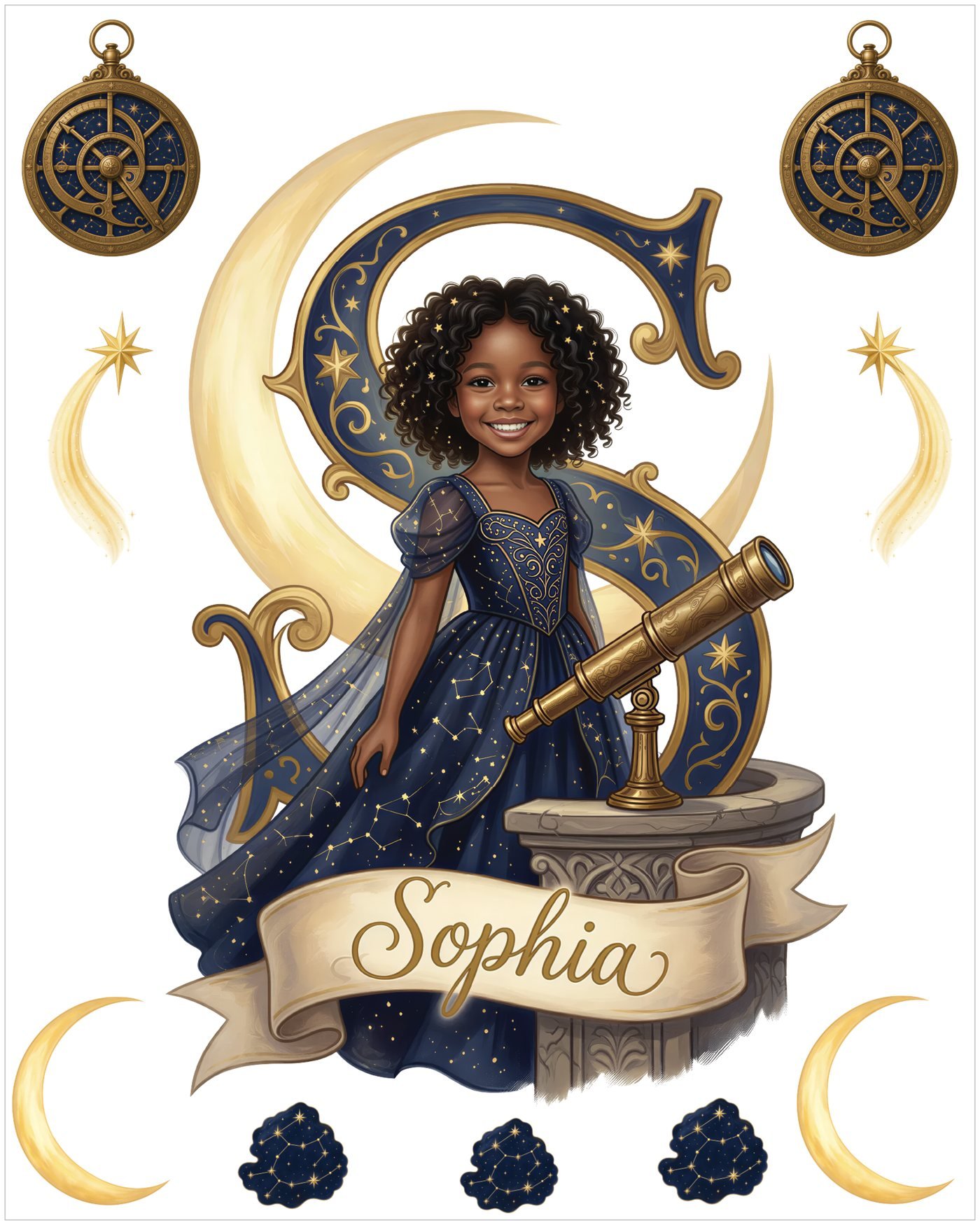 Personalized princess wall decal set with a night sky observatory, crescent moon, her name banner and monogram