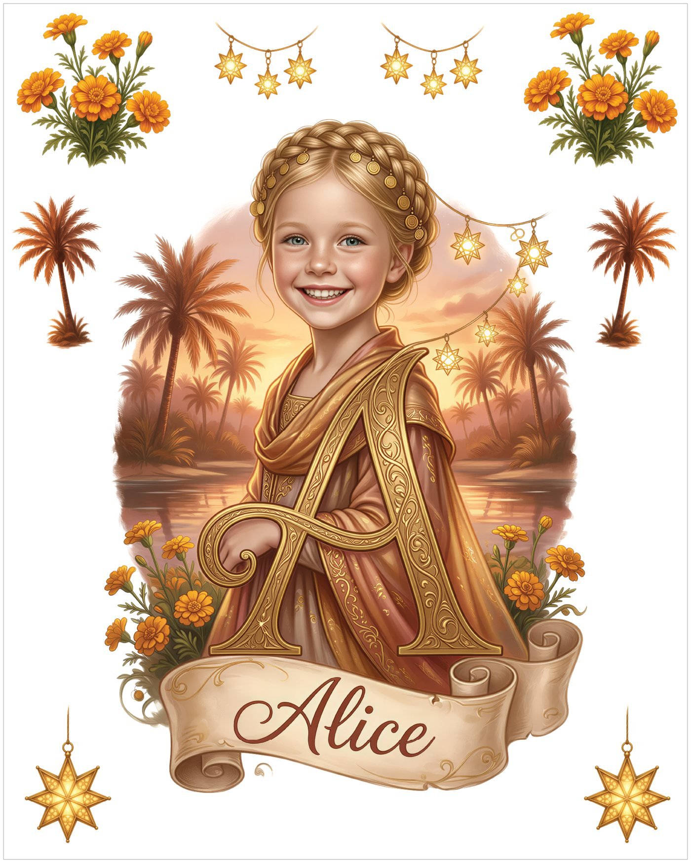 Personalized princess wall decal set with a sunset palm oasis, star lanterns, her name banner and monogram