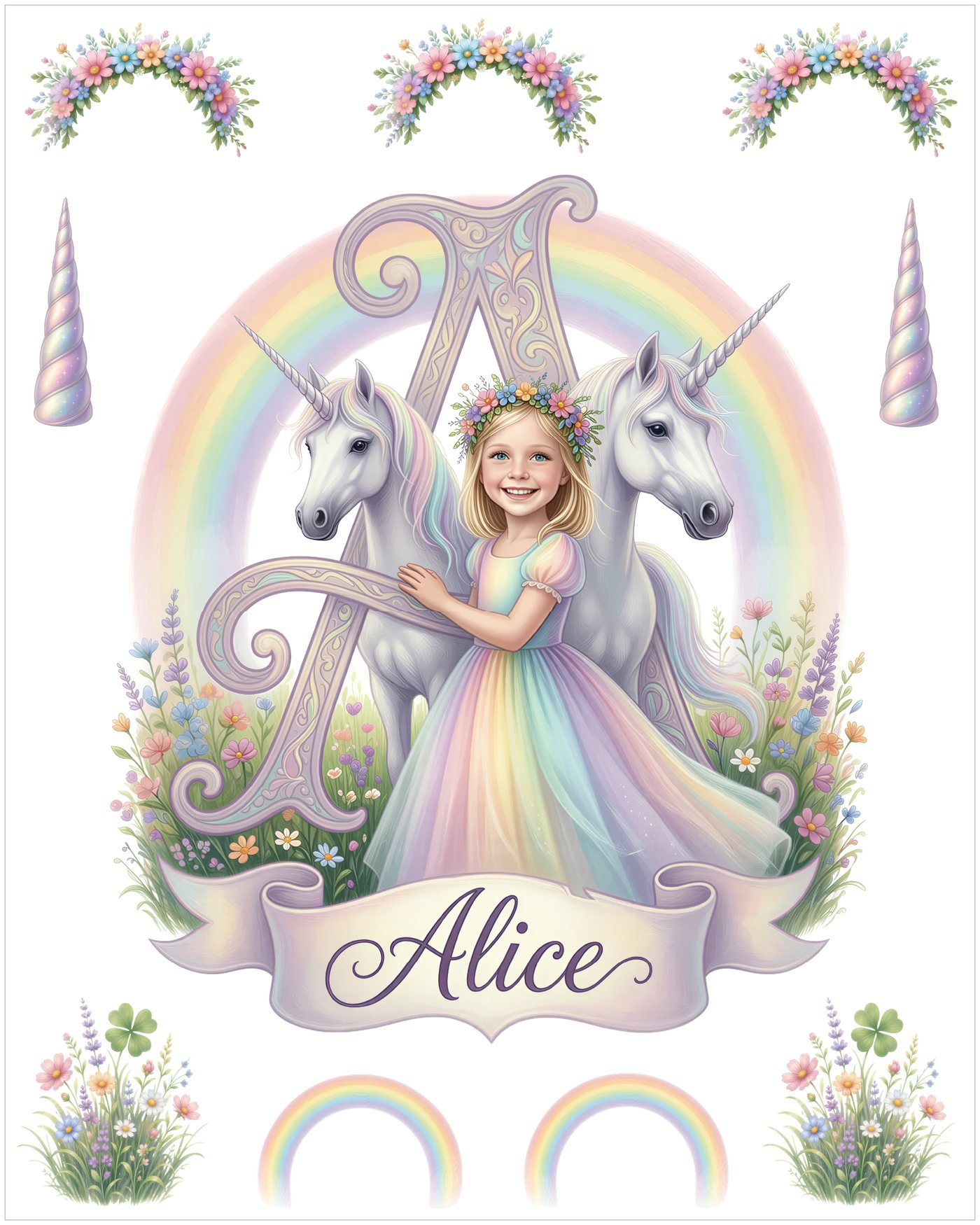 Personalized princess wall decal set with a white unicorn, rainbow meadow, her name banner and monogram