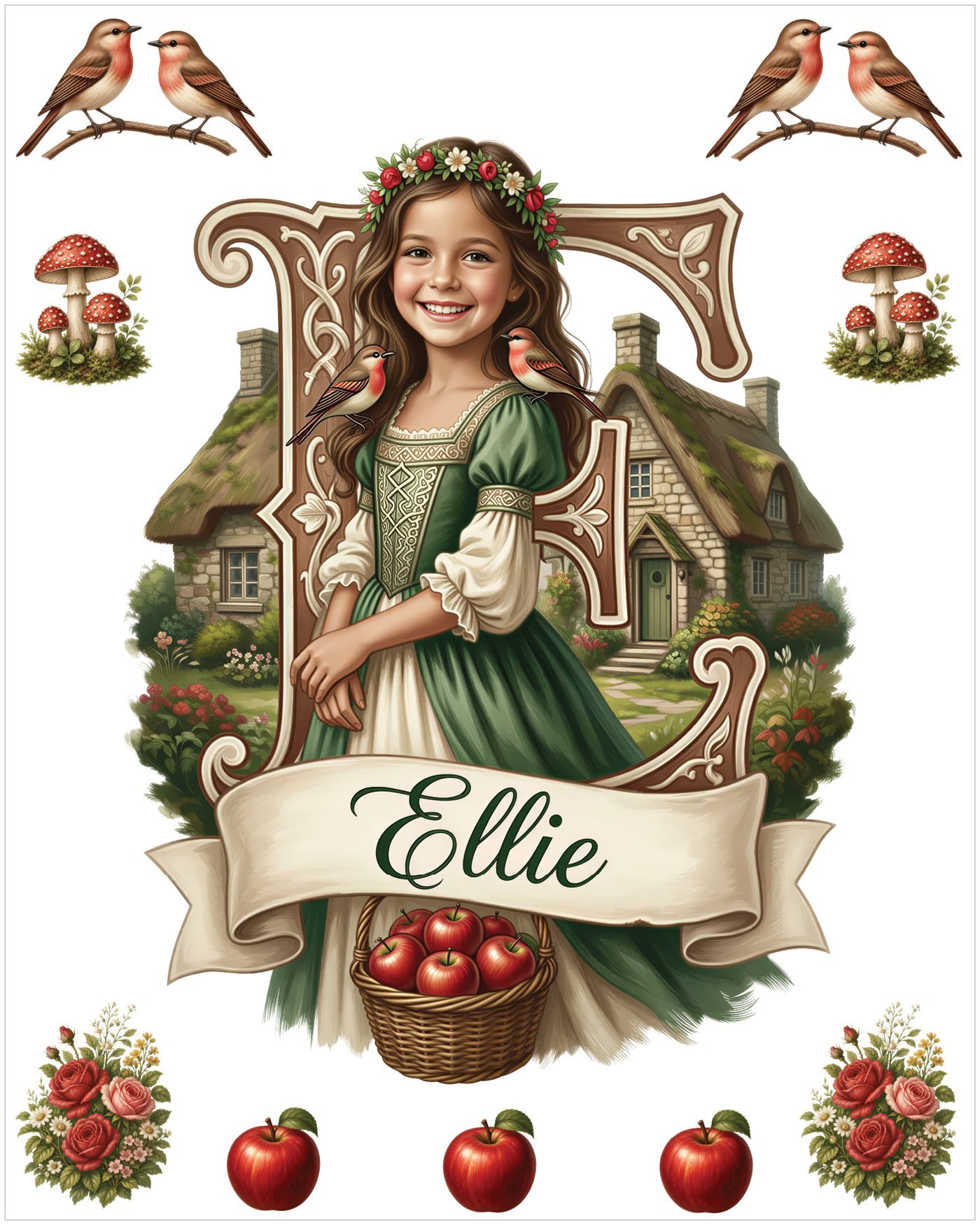 Personalized princess wall decal set with a woodland cottage, songbirds, apples, her name banner and monogram
