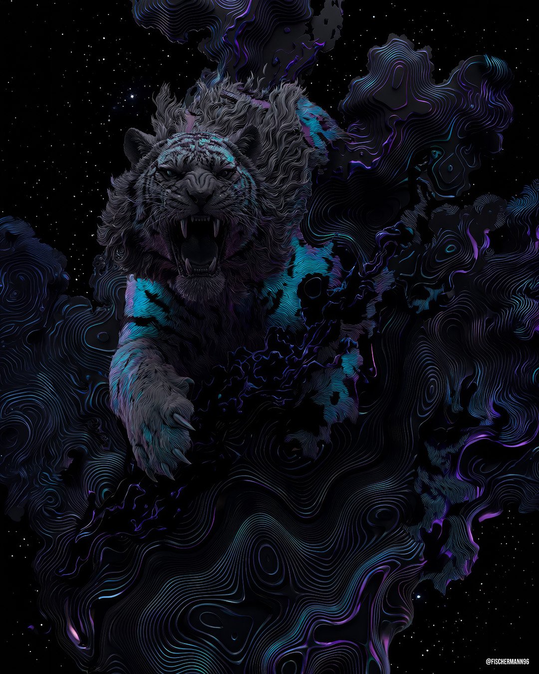 Iridescent Apex — a snarling white tiger lunging out of black topographic ridges lit in iridescent teal and violet, stars scattered through the dark