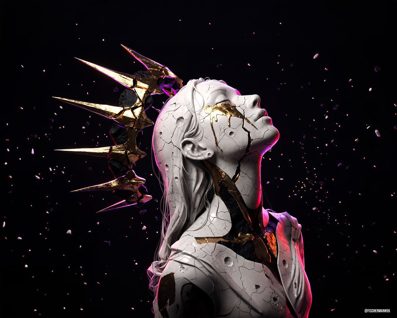 Porcelain Queen — a cracked white marble bust of a woman with her face turned upward, gold running through the fissures, a shattered crown of gold spikes behind her against black, lit in magenta