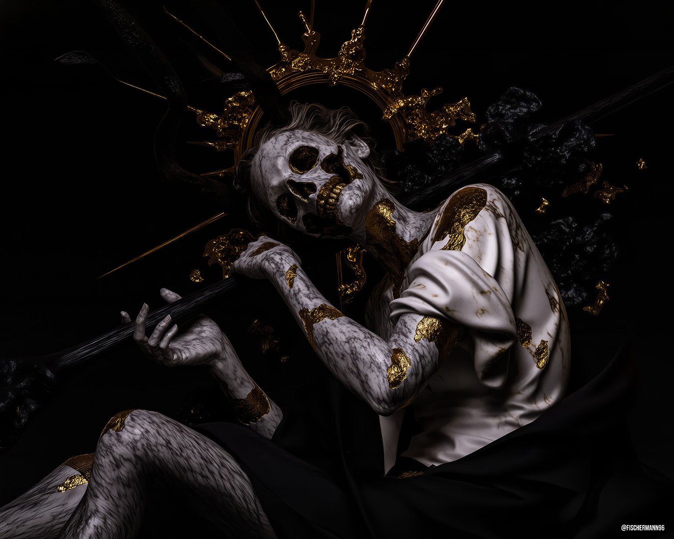 Prophets Goodwill — a marble skeleton in a white draped robe patched with gold leaf, a filigree gold halo and black thorned branches behind it, against pure black