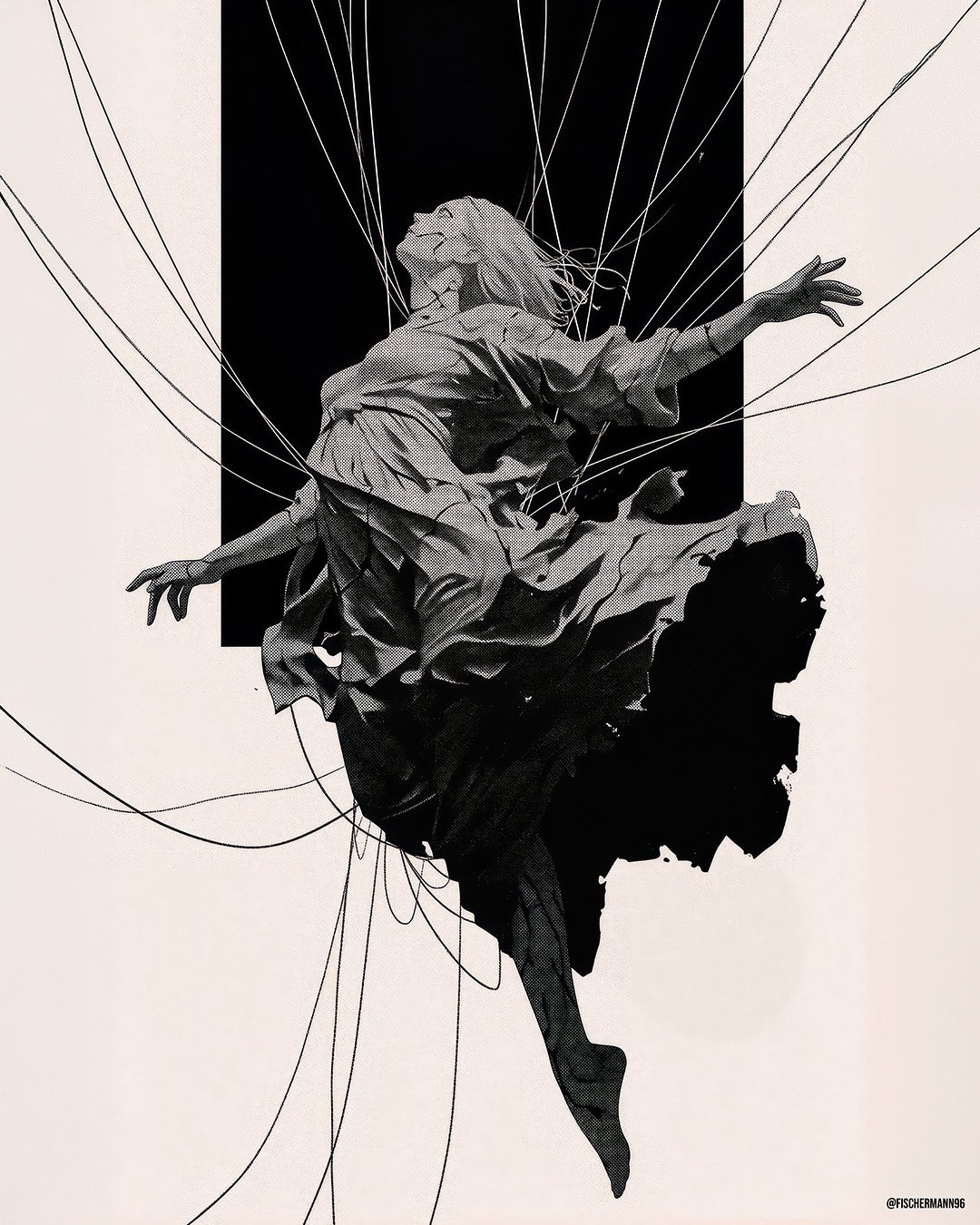 Severed Strings — a monochrome halftone illustration of a woman in a flowing dress leaping mid-air, dozens of marionette strings pulling at her limbs, a black rectangle behind her on cream paper