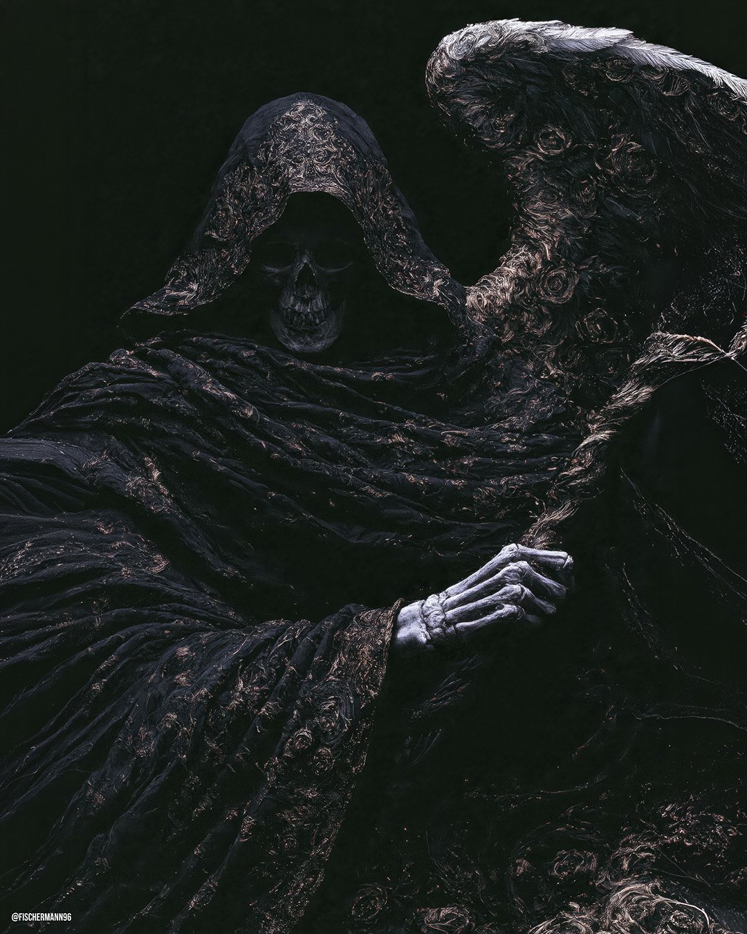 Withered Bloom — a skeletal reaper in a black hooded robe embroidered with bronze roses, one bony hand raised, nearly lost in the black