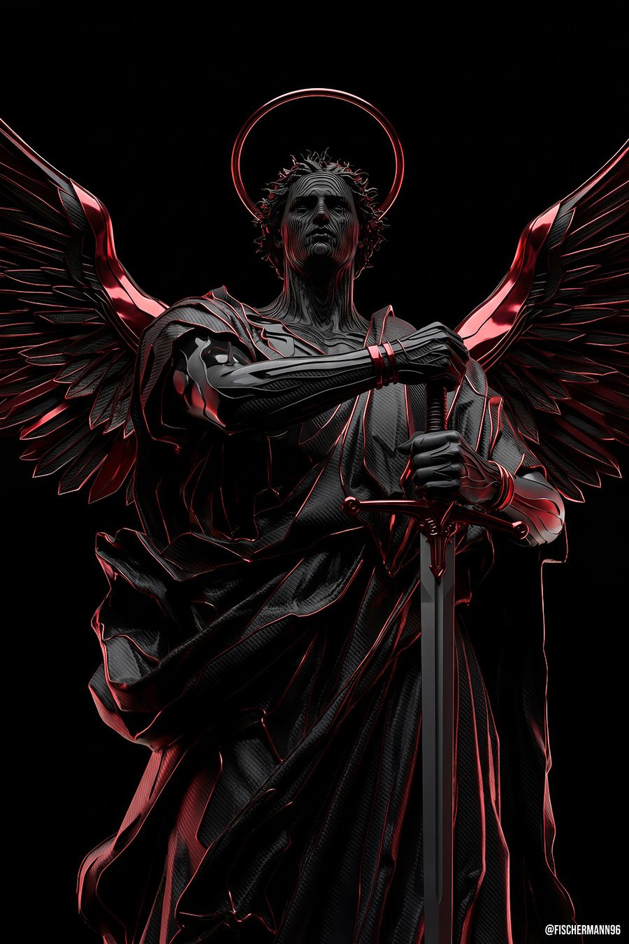 Angelus Ferri — a winged angel statue in carbon-black robes with a crown of thorns and a thin red halo, both hands resting on a long sword, red light tracing every fold against black