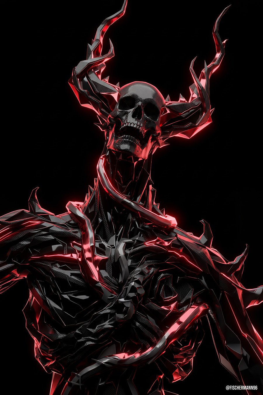 Daemonium Parametrica — a horned demon skull with branching antlers rising from a body of hard faceted black planes, every edge glowing molten red against black