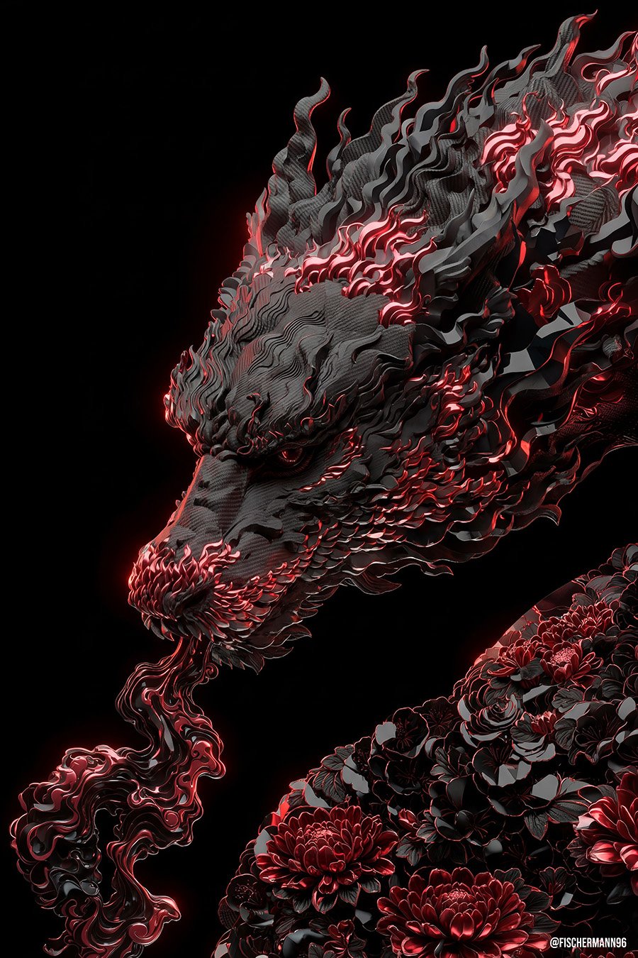Draco Cinerum — a black dragon head in profile exhaling a coil of smoke, its mane curling like frozen flame, its body crusted with black scales and blooming red chrysanthemums