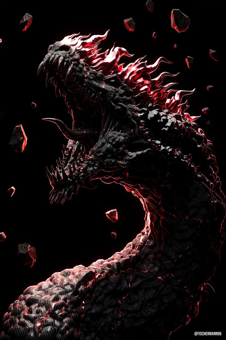 Fauces Inferni — a beast of black ridged stone throwing its head back in a roar, jaws wide, red light along its spines, shards of rock floating in the dark around it