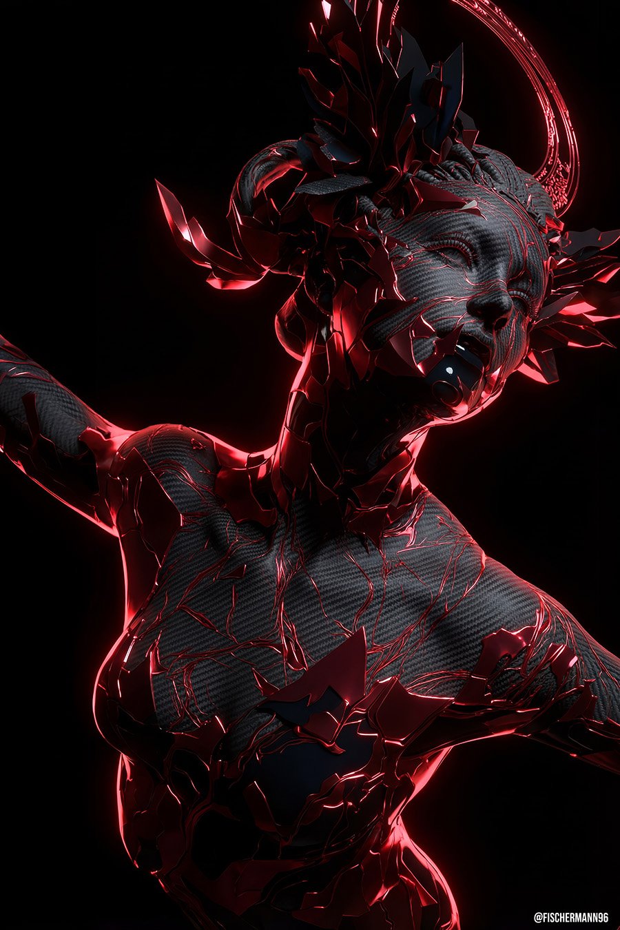 Idolum Fractum — a woman sculpted in woven black carbon breaking apart, red light glowing through every crack, shards lifting from her hair like a crown, one arm flung back