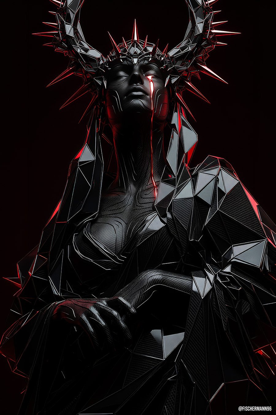 Lacryma Geometrica — a crowned woman seated in faceted black geometric robes, eyes closed, a crown of spikes on her head, a single red tear running down her face