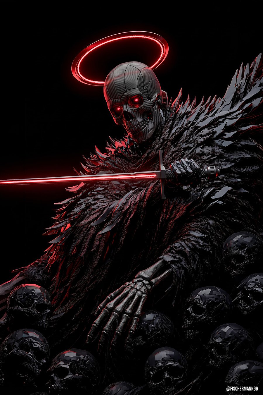 Miles Lucis Rubrae — a skeleton knight in a cloak of black feathers resting on a hill of skulls, a glowing red halo above his head and a sword glowing red along its blade