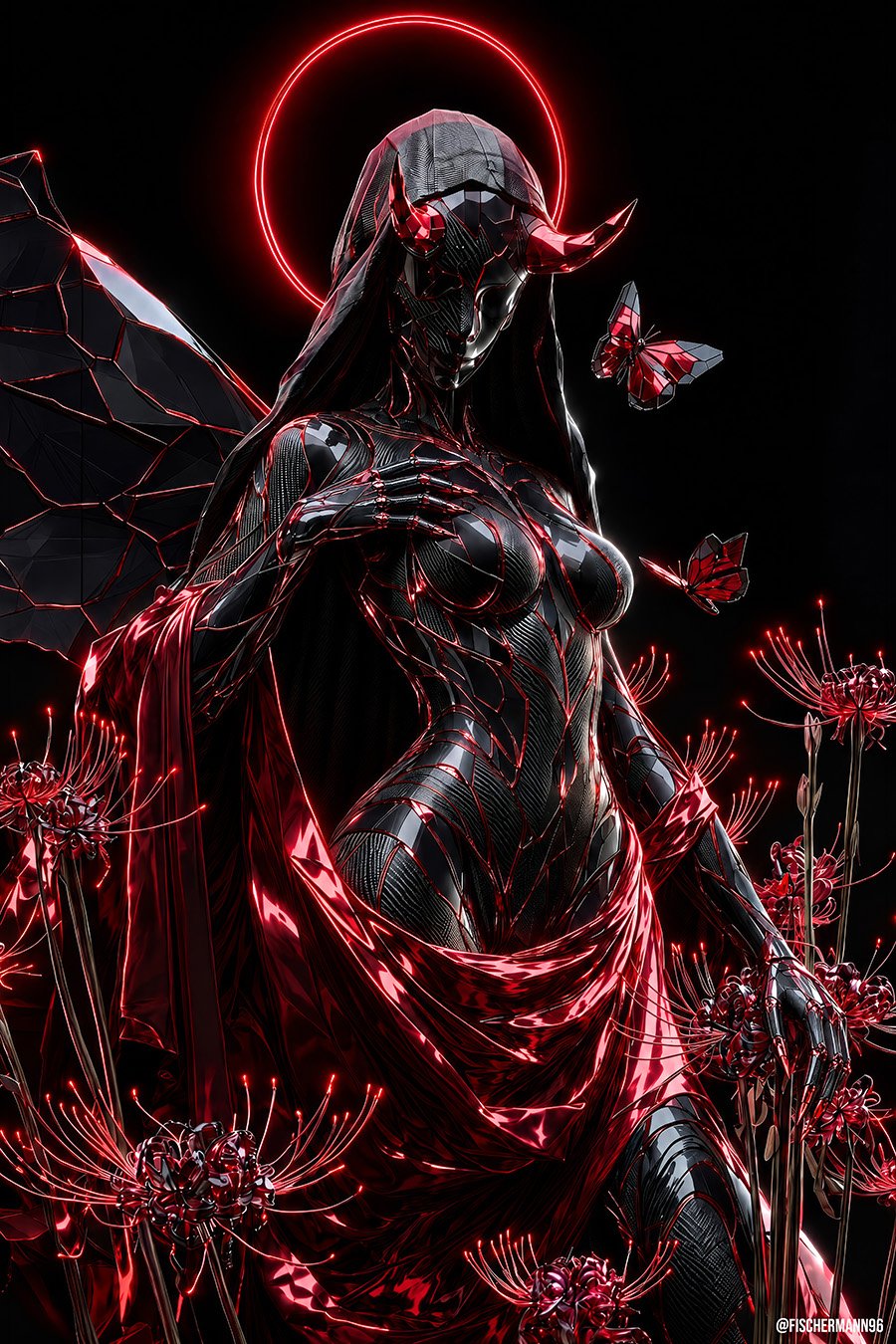 Regina Florum Mortis — a hooded queen with small curved horns and a ring of red light behind her head, wrapped in glowing crimson cloth, red spider lilies and two red butterflies around her