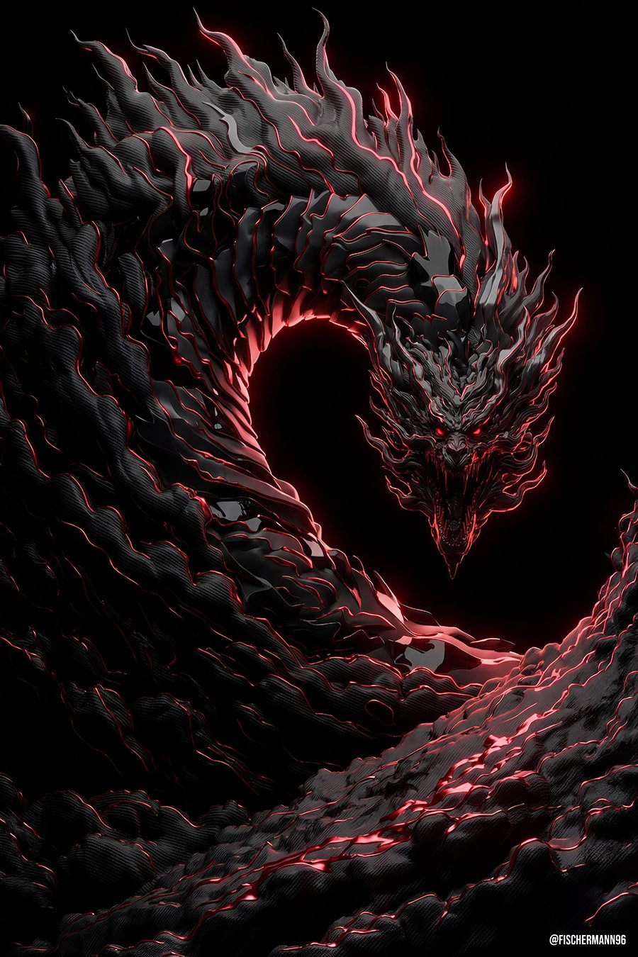 Serpens Cinerum — a serpent-dragon of ash coiling through the dark in one long S-curve, red embers glowing in the seams of its body, red eyes staring straight ahead