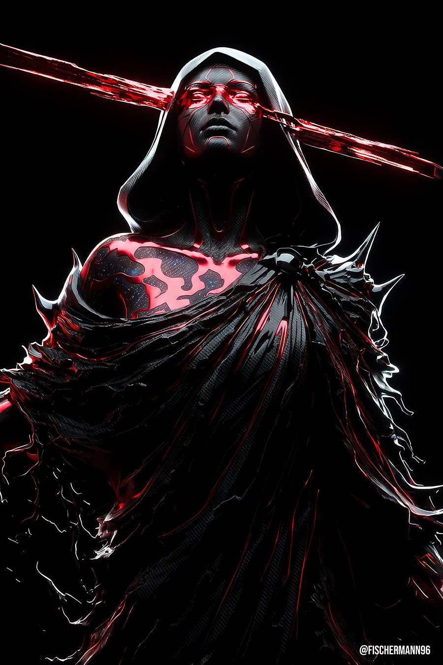Visio Sanguinis — a hooded figure in black robes, a beam of red light cutting straight across her eyes, molten red patterns glowing through her chest