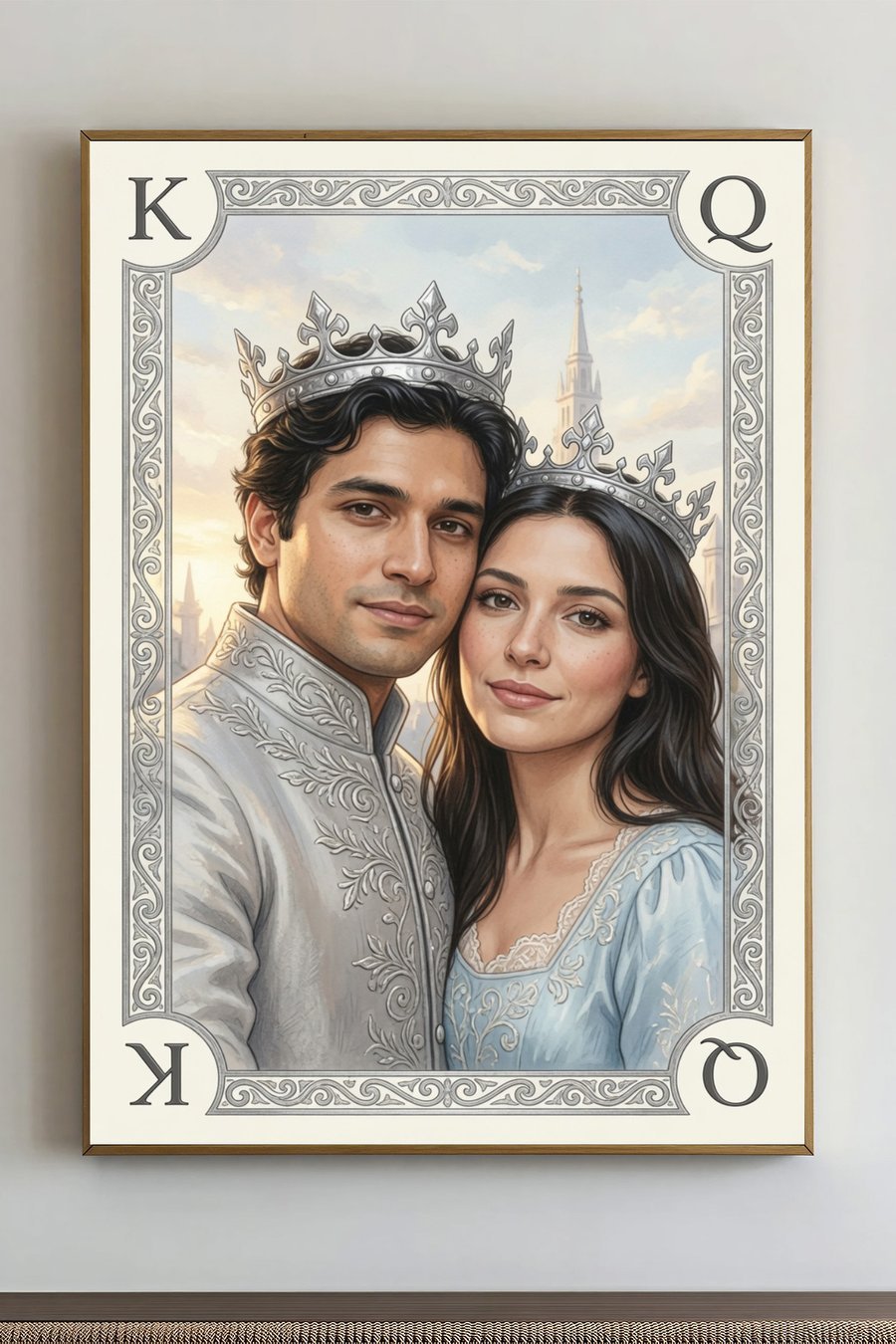 Personalized King and Queen playing card poster — a couple's portrait framed on an entryway wall
