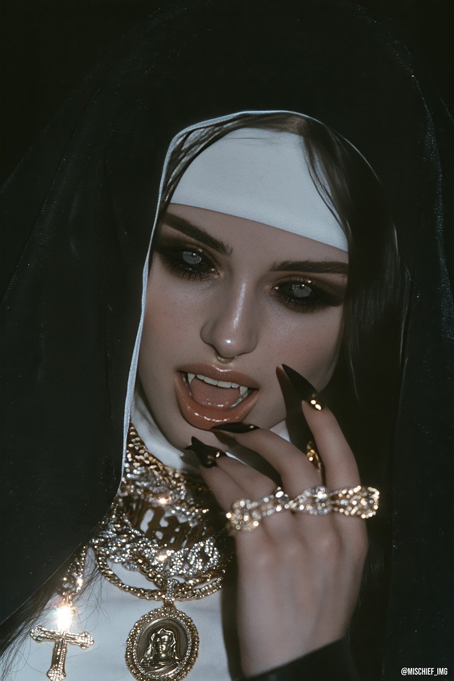 Broken Vow — a nun in a black-and-white habit baring vampire fangs, long black nails at her lips, gold rosaries, a gold cross and a gold Madonna medallion around her neck