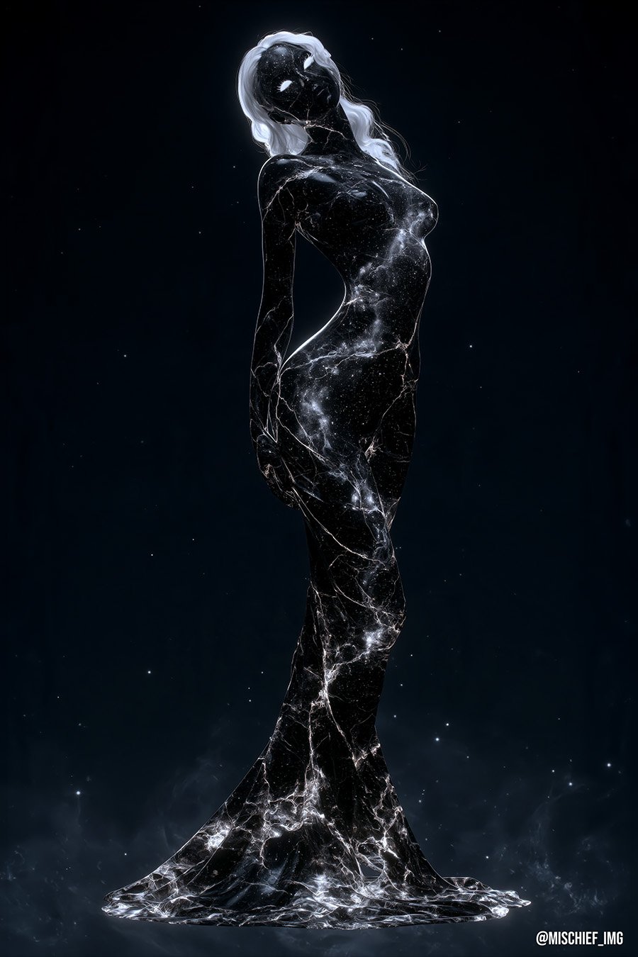 Galaxy Gown — a slender figure in a floor-length gown of black marble veined with white starlight, standing alone against a deep blue starfield