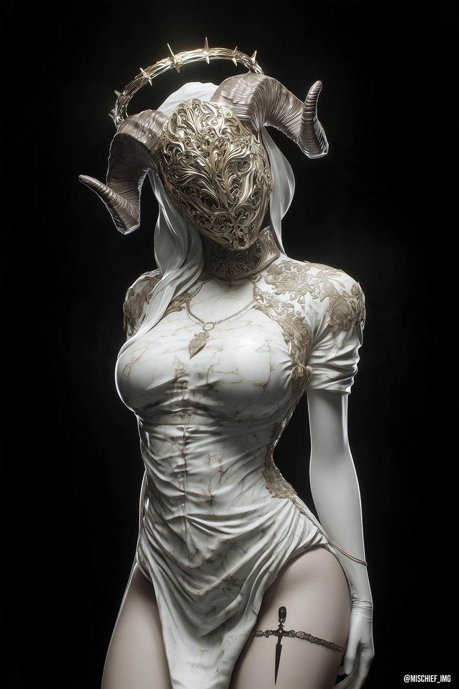 Hidden Bride — a bride in a fitted ivory dress traced with gold, her face hidden behind an ornate gold mask with curling ram horns and a crown of gold thorns, a dagger strapped to her thigh