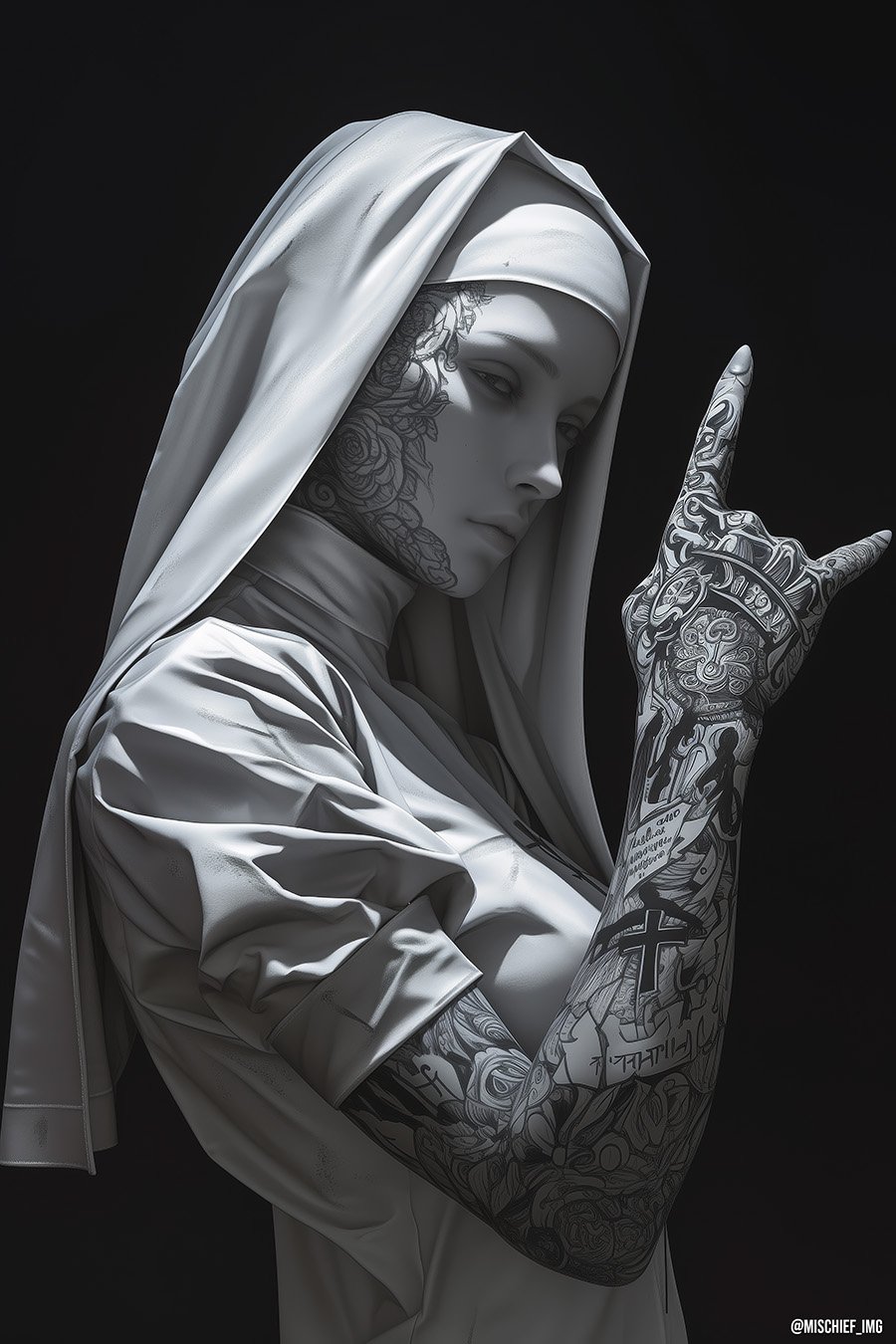 Metal Nun — a monochrome marble-white nun in a flowing habit, tattoos across her face and forearm, throwing the horns hand sign