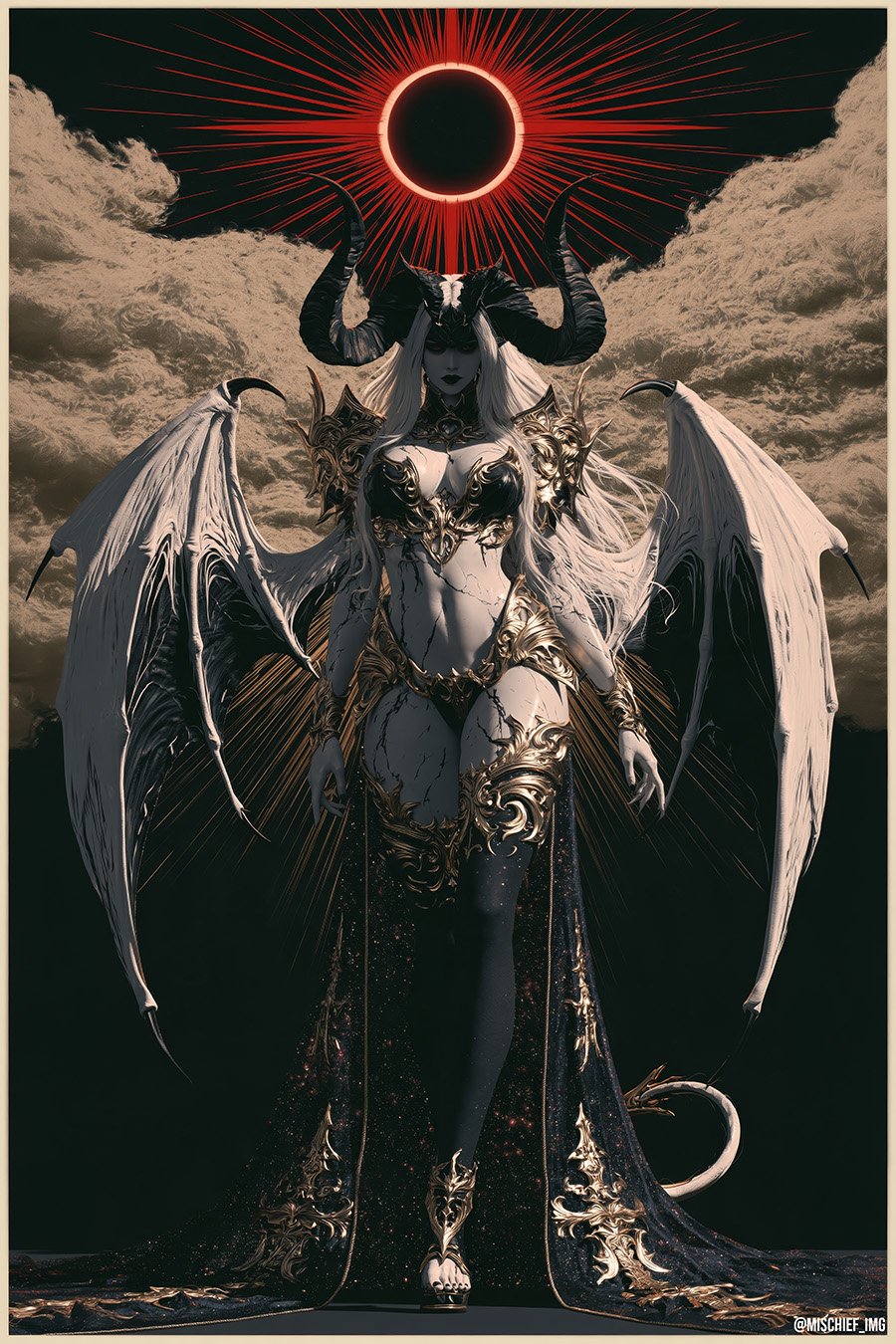 Queen of the Dark Sun — a horned, winged demon queen in black and gold armour standing beneath a black eclipse ringed in red, cream clouds behind her, framed by a cream border