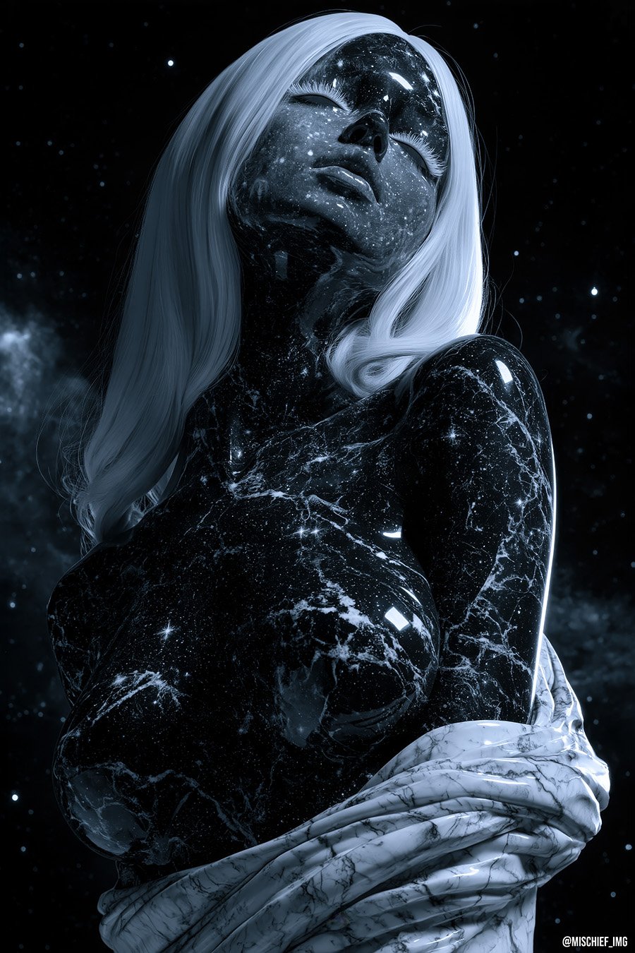 Sleeping Divinity — a goddess carved from black marble flecked with stars, long silver hair falling over her shoulder, eyes closed, a white marble drape at her hip