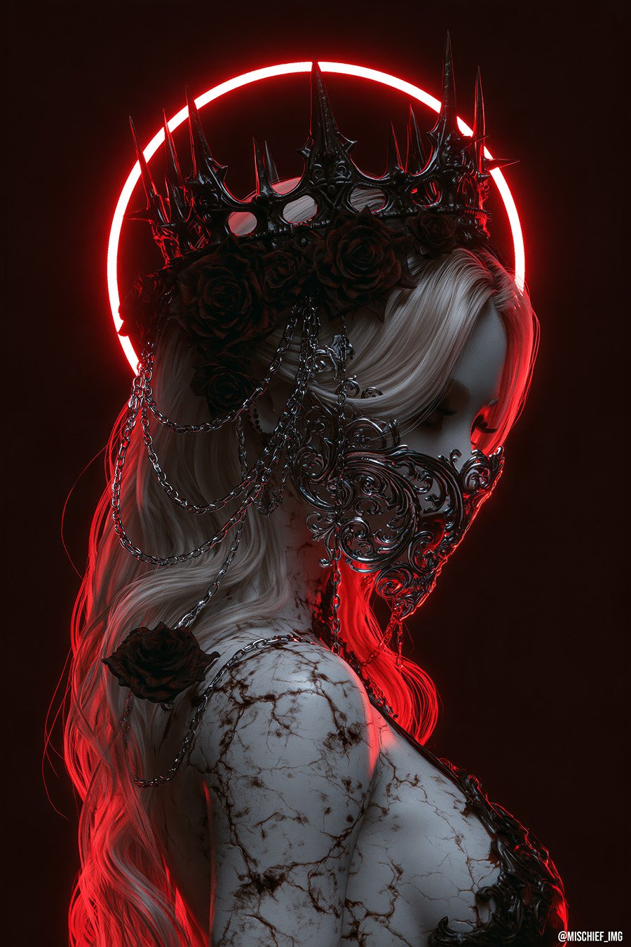 The Crimson Reliquary — a pale marble woman in profile wearing a black crown of spikes and roses, her lower face behind an ornate iron mask hung with chains, a red neon halo behind her
