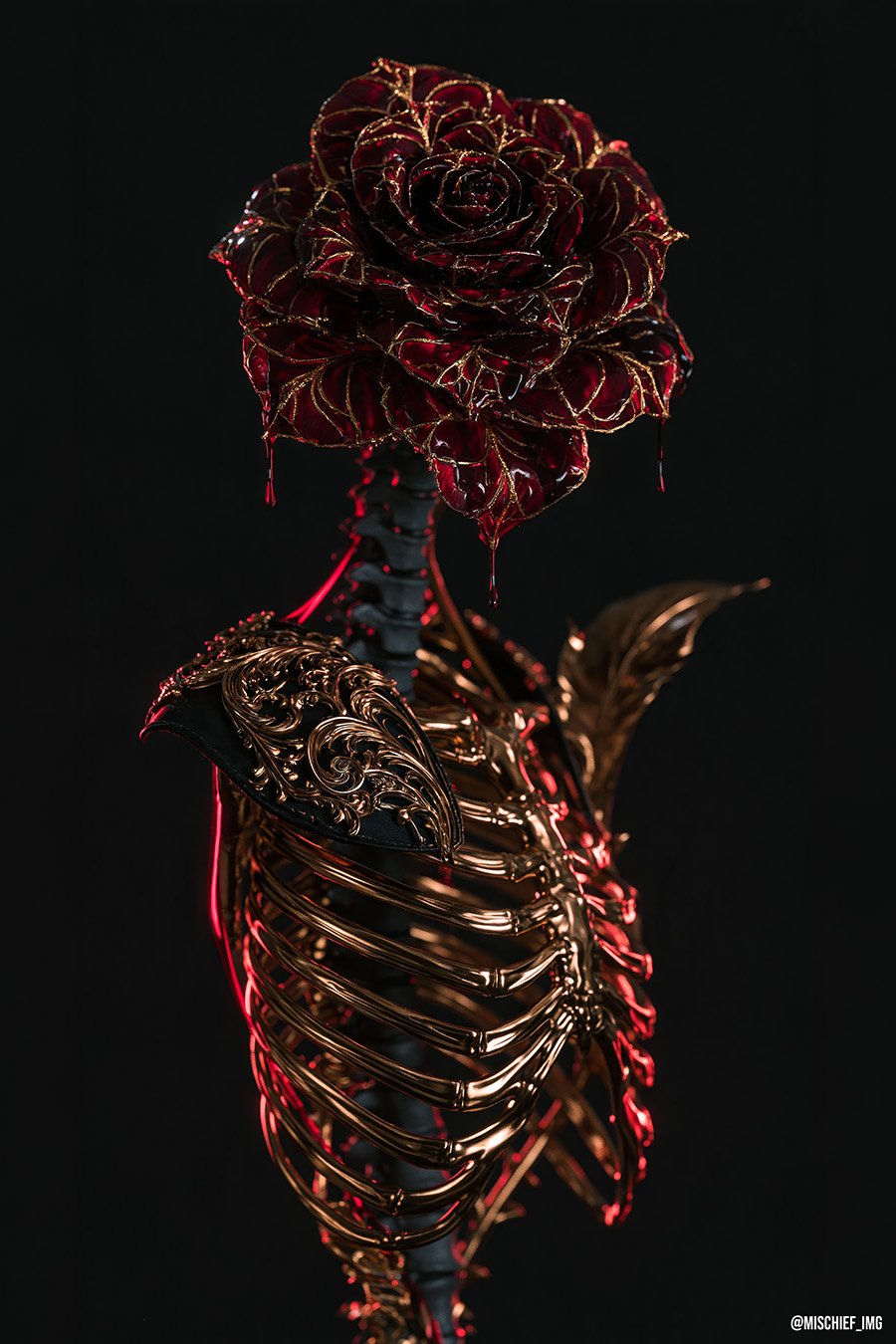 The Dead Bloom — a dark crimson rose blooming from the top of a spine that rises out of a gilded ribcage, against black