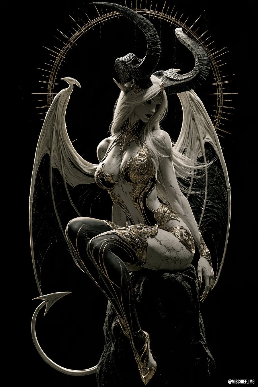 The Throne — a winged demoness with ivory skin and curling horns, seated cross-legged in ornate gold armour and black thigh-high boots, a whip-like tail and a golden halo of spikes behind her