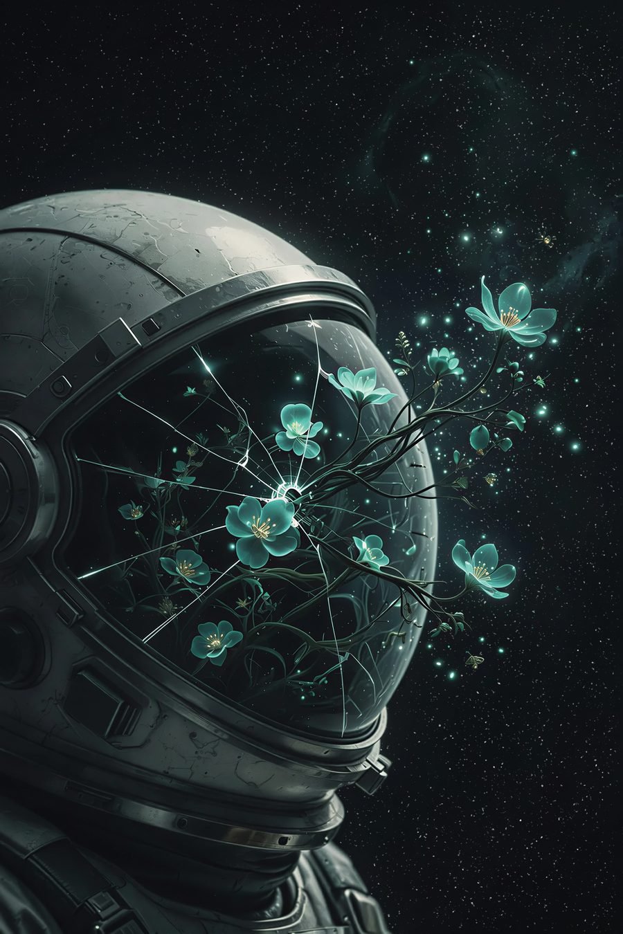 Event Bloom — cracked astronaut visor blooming with glowing teal flowers, from the SpaceMan drop