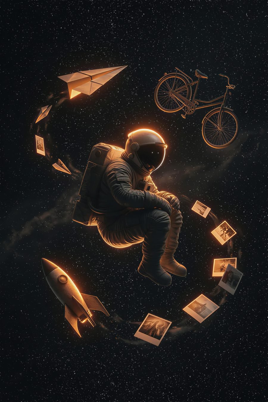 Gravity of Memory — astronaut orbited by glowing childhood objects