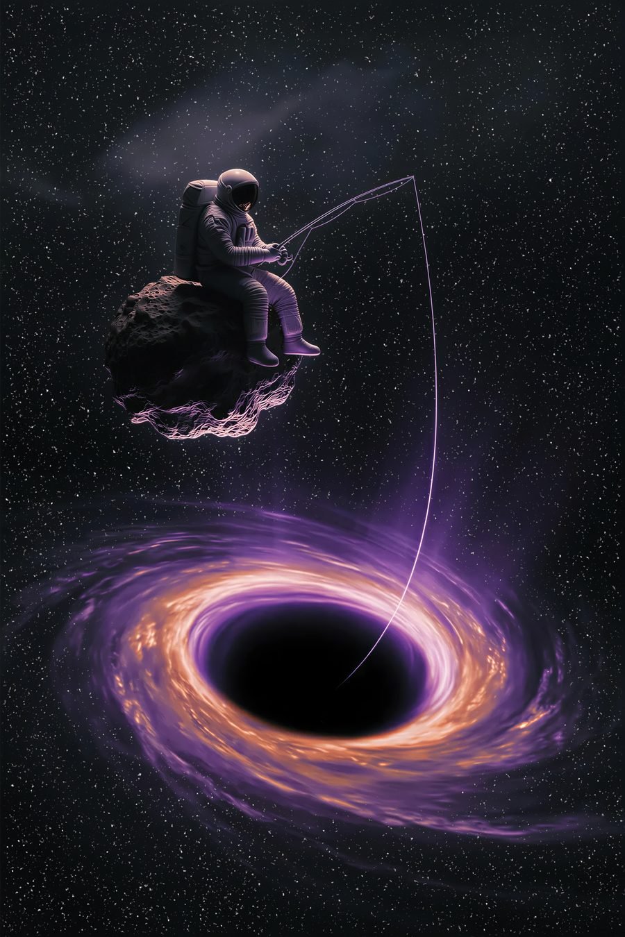 The Angler — astronaut fishing off an asteroid into a glowing black hole