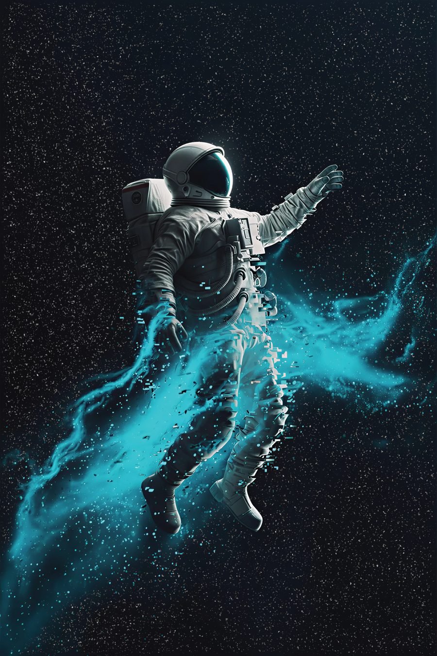 Static — astronaut dissolving into electric-cyan glitch fragments