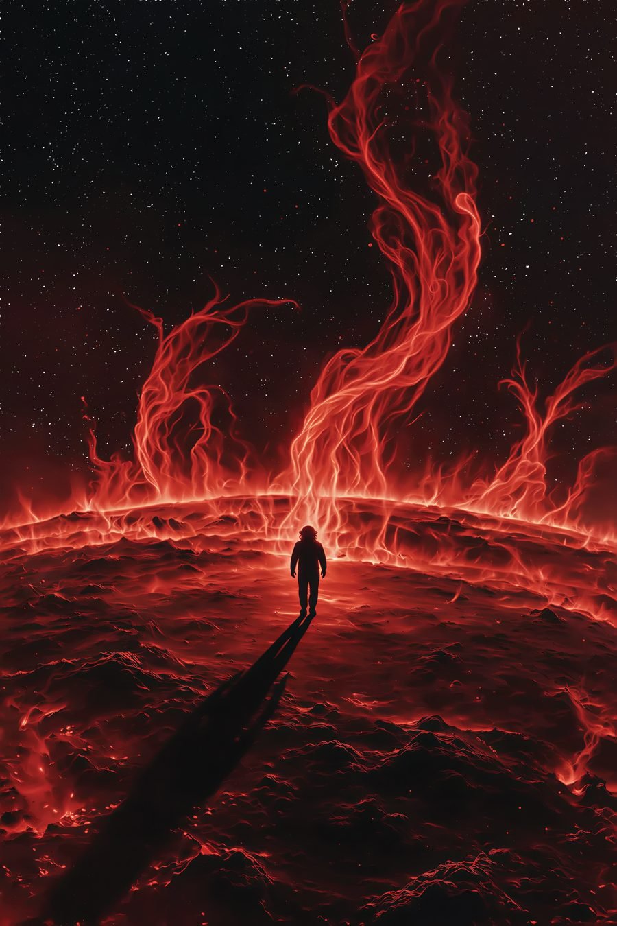 Sunwalker — tiny astronaut walking across the surface of a dying red giant