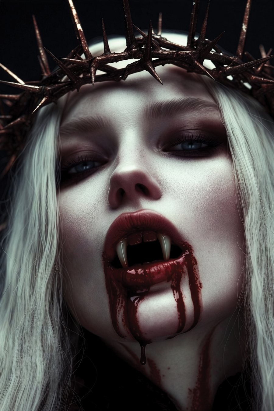Thorn Queen — pale vampire queen in a rusted iron thorn crown, blood tracing from a fanged mouth